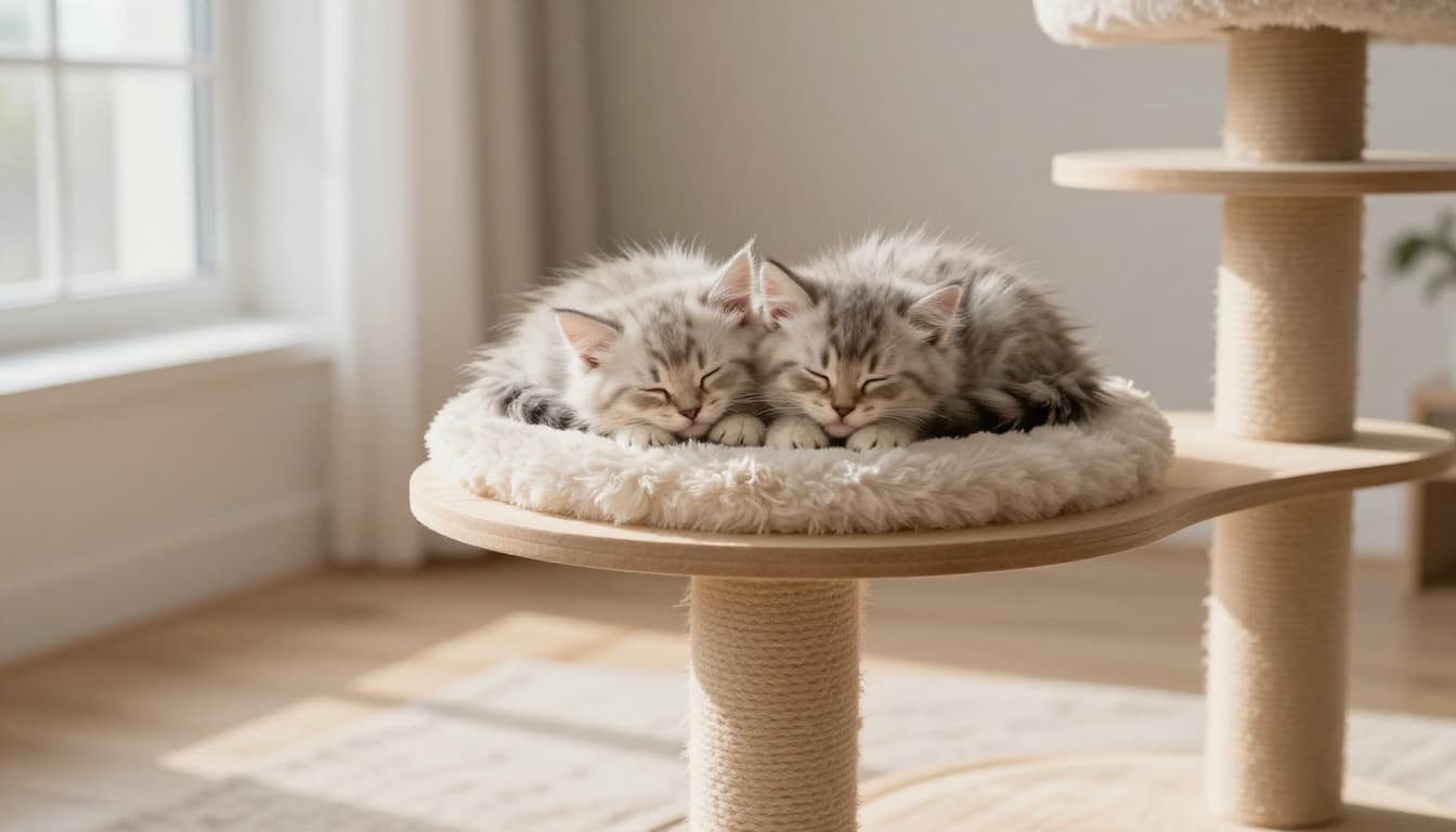 Two adorable fluffy kittens sleeping piled together on a soft elevated platform of a premium solid wood cat tree in a sunny minimalist Scandinavian interior.