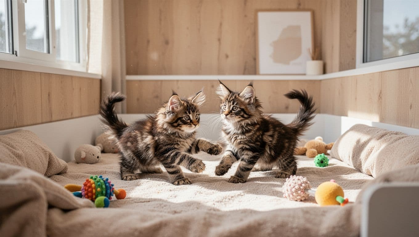 A cozy modern kitten nursery room in Scandinavian style featuring exactly two fluffy Maine Coon kittens playing gently on soft bedding in a clean enclosure, illuminated by bright natural light from windows.