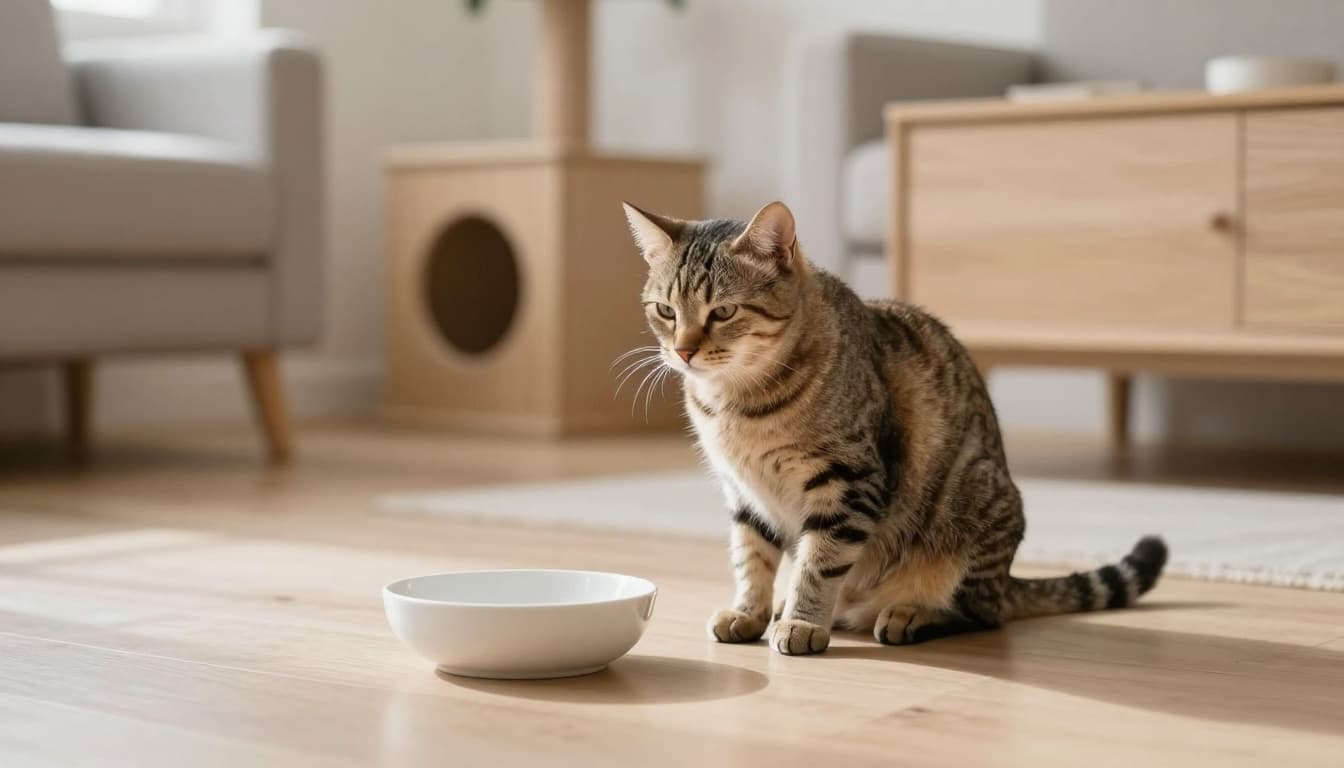 In a bright Scandinavian living room, a thin adult tabby cat with visible ribs, dull coat, and tired expression sits lethargically beside an empty white ceramic bowl on the light wood floor.