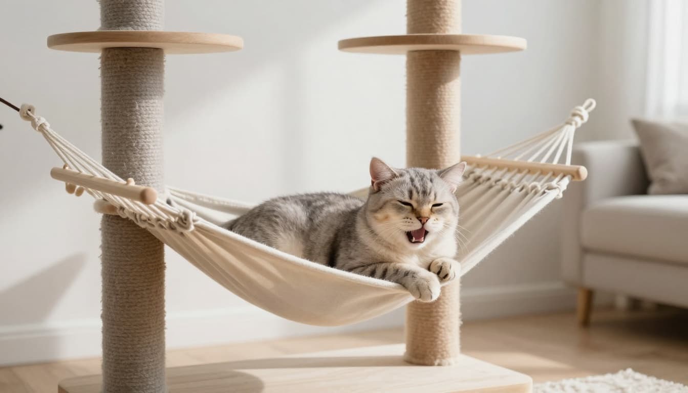 A cat rests uncomfortably on a hammock of a durable designer cat tree in a serene Scandinavian living room, showing signs of illness like half-closed eyes, open mouth, and dry skin.