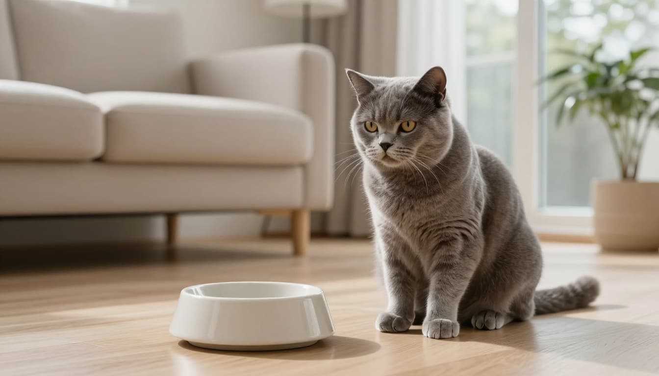 A domestic cat with a slightly unwell appearance sits beside an empty ceramic food bowl on a light wood floor in a bright Scandinavian living room. Glossy fur in soft grey tones, uninterested expression, minimalist decor with beige sofa, potted plant, and natural daylight.