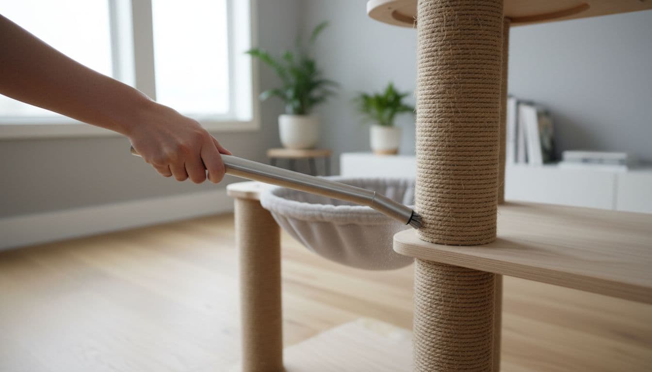 Close-up of a hand using a fine vacuum nozzle to gently dust sisal scratching posts and rope on an elegant cat tree in a modern Scandinavian interior. Bright natural light illuminates the minimalist room with light wood floors and soft grey walls, creating a cozy, premium lifestyle atmosphere.