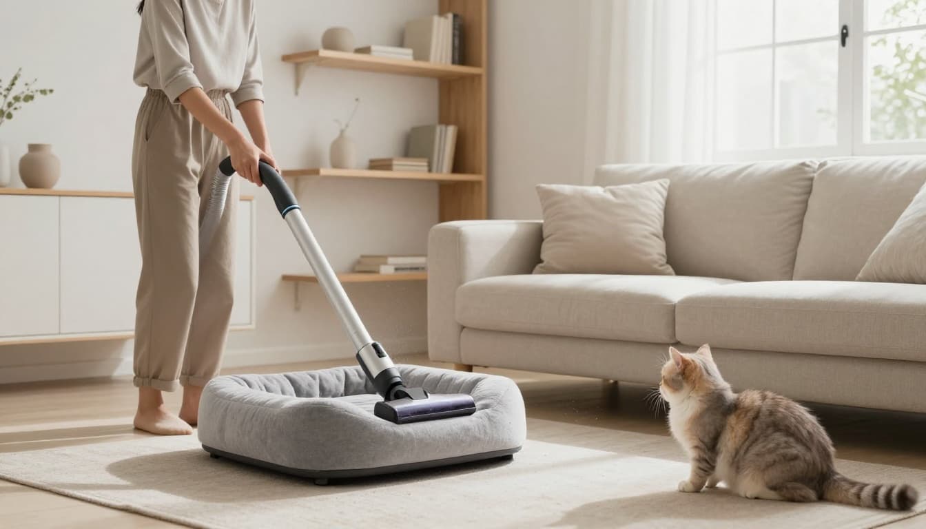 A person vacuums a soft light grey cat bed and nearby beige sofa cushions in a bright Scandinavian living room with natural light and minimalist decor, while a relaxed light-furred cat watches from the floor.