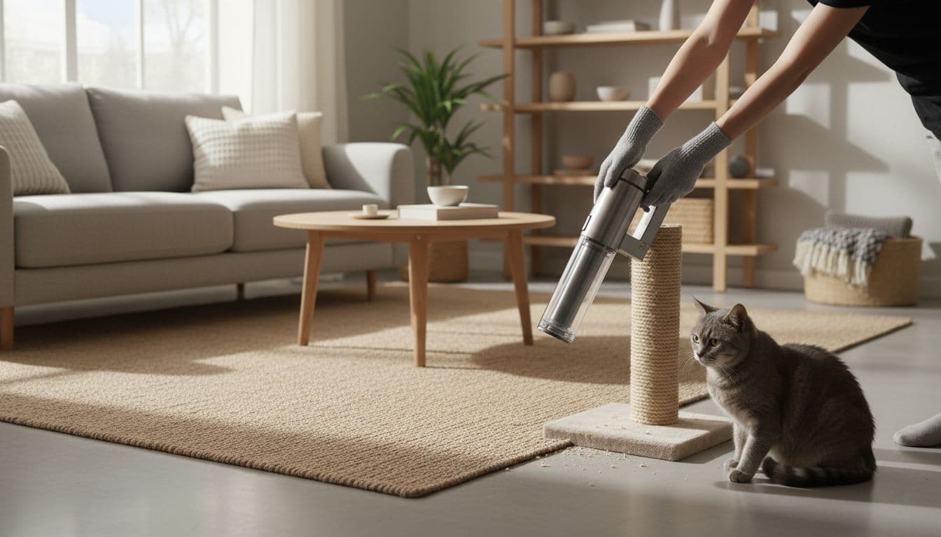 Gloved hands gently vacuum sisal debris from the base of a beige rope-wrapped cat scratching post in a bright Scandinavian living room, with a curious gray cat watching attentively. Premium lifestyle photography featuring minimalist decor, natural light, and cozy neutral tones.