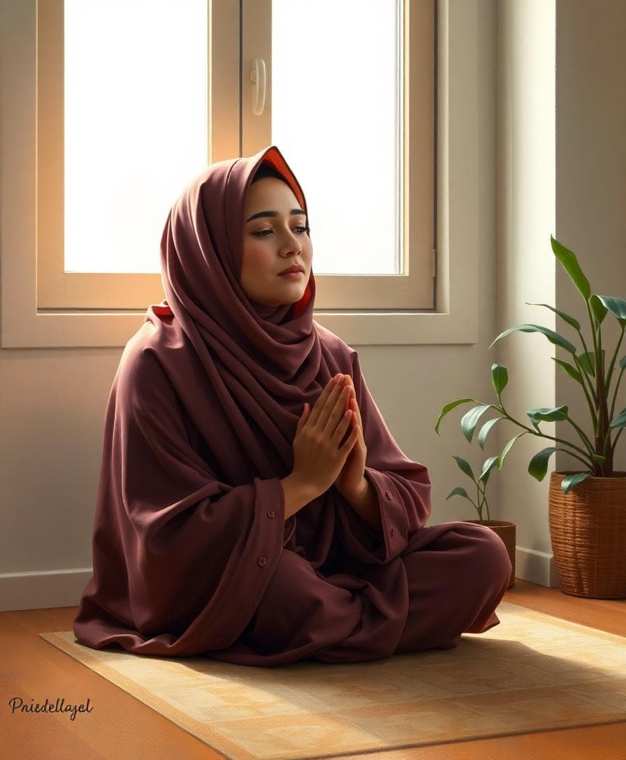 Jeune femme musulmane voilée en prière, ambiance douce et intérieure