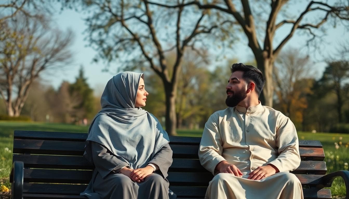 Couple pudique assis sur un banc dans un parc public, regard tendre sans contact physique, ambiance bohème naturelle