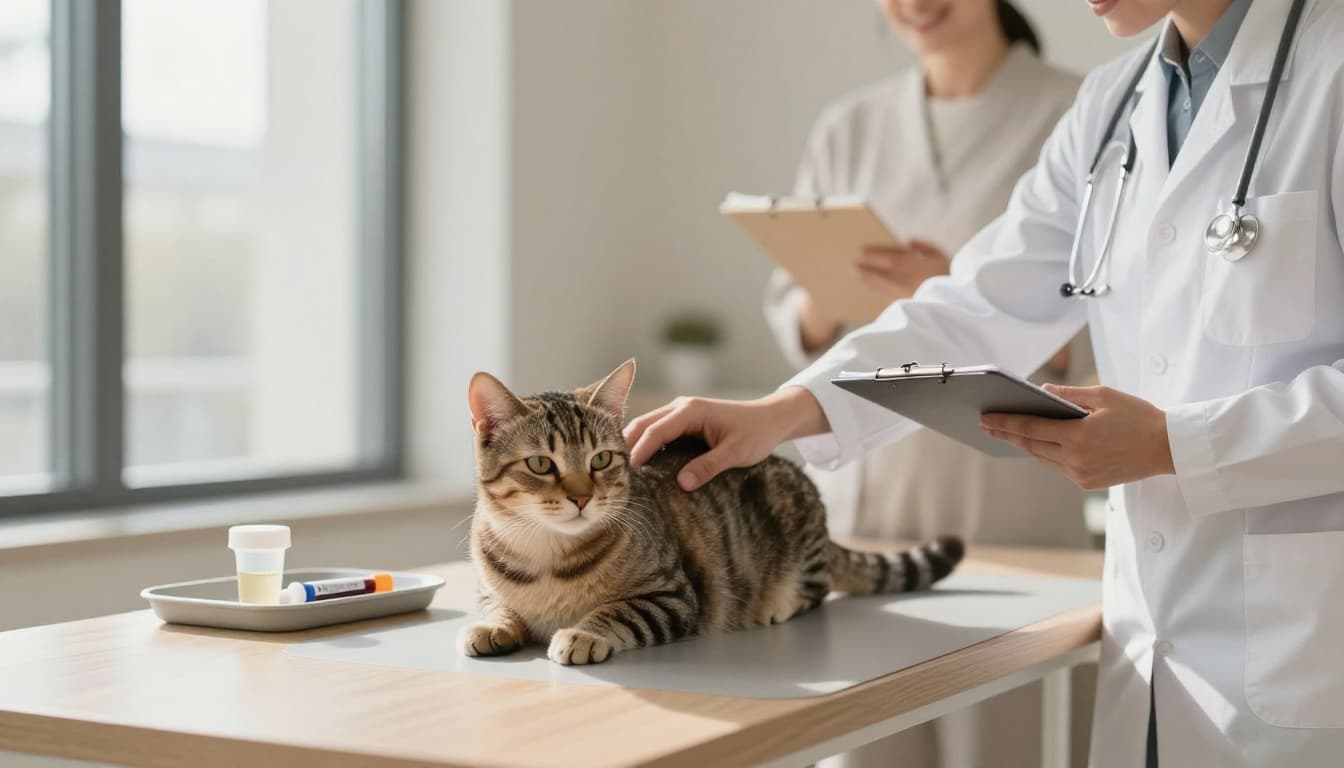 In a modern veterinary clinic with Scandinavian minimalist design, a friendly veterinarian gently palpates the abdomen of a relaxed tabby cat while the owner stands nearby. Subtly blurred background includes medical samples, with bright natural light and cozy neutral tones.