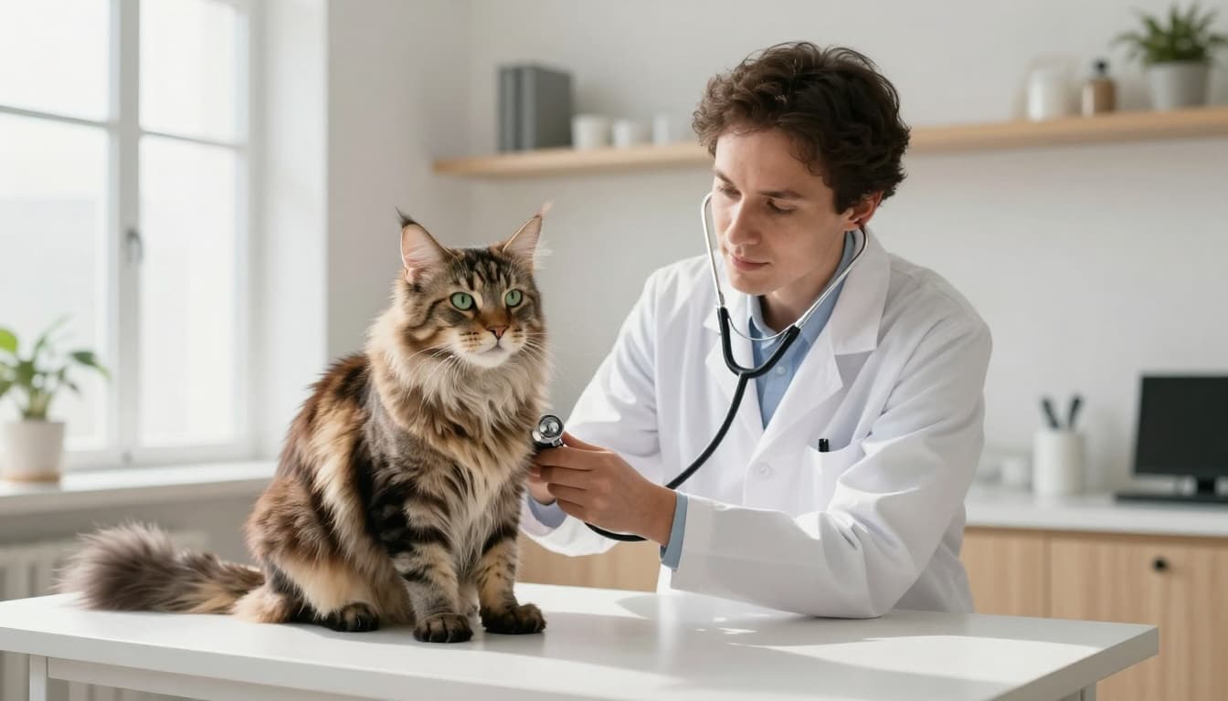 A gentle veterinarian in a white coat listens attentively to the heart of a large fluffy Maine Coon cat with a stethoscope on an exam table in a modern Scandinavian veterinary clinic.