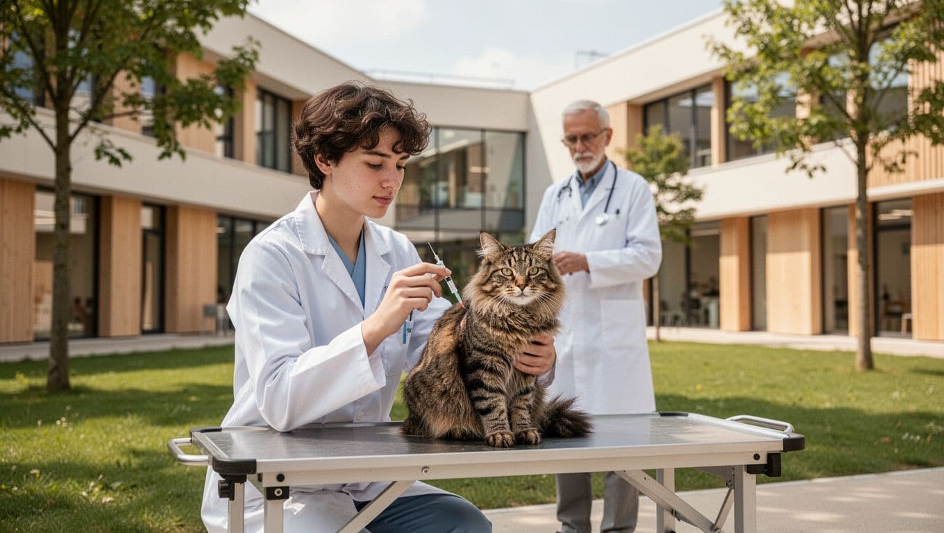 Exterior of modern veterinary school in France with a young student in white coat kneeling to vaccinate a fluffy tabby cat on a portable table, bright daylight, green lawns, blurred professor background.