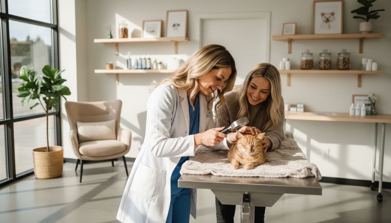 A veterinarian in a bright, modern Scandinavian-style clinic gently examines a calm cat for parasites on the exam table, with the owner nearby in a cozy, professional atmosphere.
