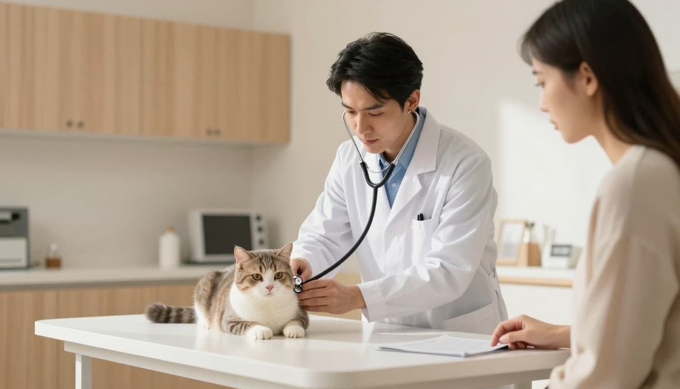 In a modern Scandinavian-inspired veterinary clinic, a gentle veterinarian uses a stethoscope to examine a calm cat on the exam table while the concerned owner watches nearby.