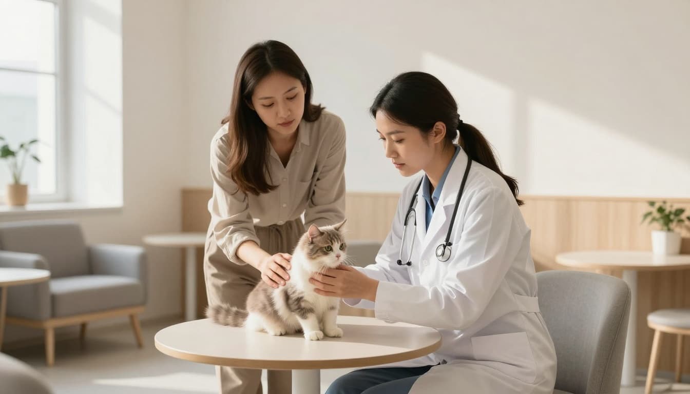 In a cozy modern Scandinavian veterinary clinic waiting area with bright natural light and minimalist decor, a calm veterinarian gently holds and examines a fluffy cat while the concerned owner watches attentively.