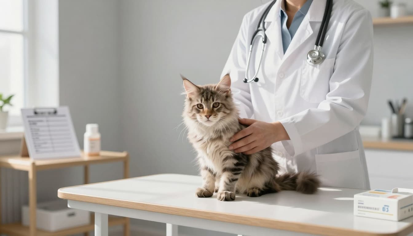 A veterinarian in a white coat gently holds and examines a young fluffy Maine Coon kitten on a clean exam table in a bright modern veterinary clinic with Scandinavian minimalist decor.