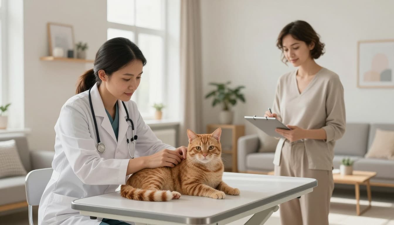 A veterinarian in a modern clinic examines a relaxed orange tabby cat on an exam table, with owner nearby in a bright, welcoming Scandinavian-style waiting area. Premium lifestyle photography with natural light and minimalist decor.