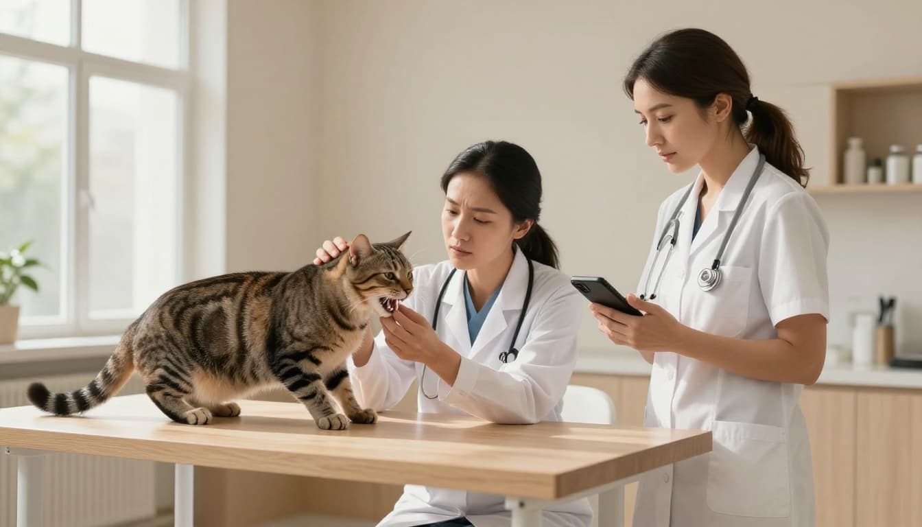 In a bright modern veterinary clinic, a professional female veterinarian carefully checks the teeth and gums of a calm tabby cat while the concerned owner stands nearby.