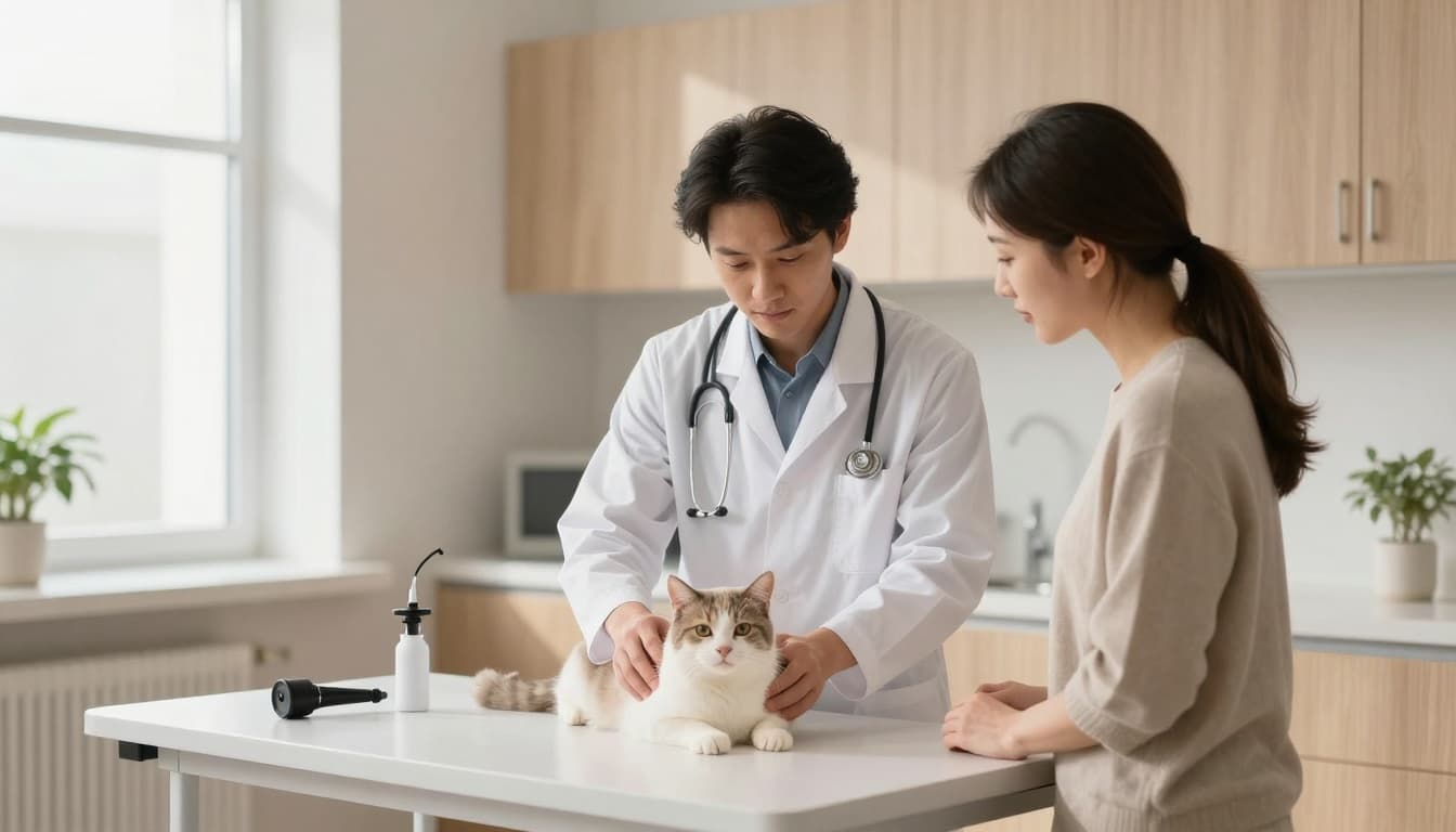In a modern Scandinavian veterinary clinic with light wood and neutral tones, a kind veterinarian in a white coat holds a relaxed domestic shorthair cat on the exam table, while a concerned owner watches closely amid a calm, professional atmosphere.