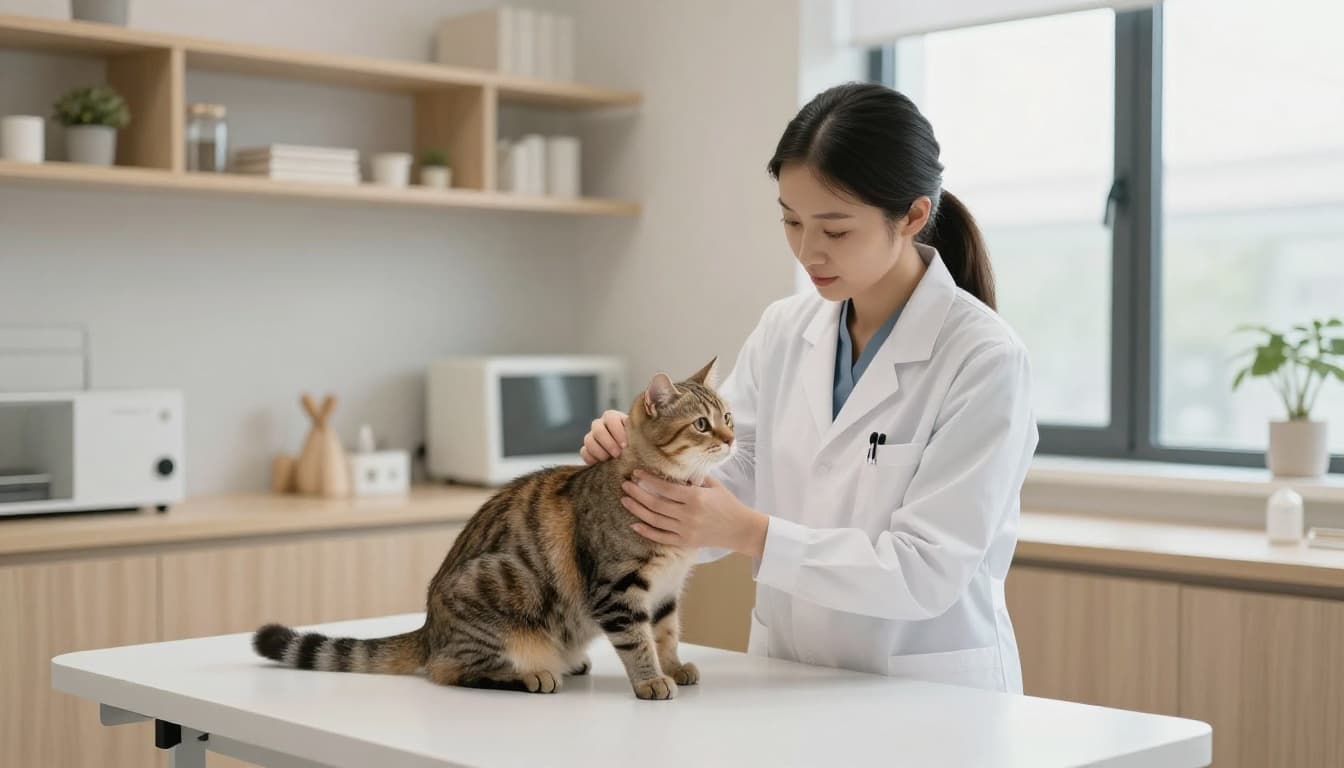 A professional veterinarian in a white coat gently holds a calm domestic shorthair cat on an exam table, preparing for a blood draw or ultrasound in a bright modern veterinary clinic with minimalist Scandinavian decor.