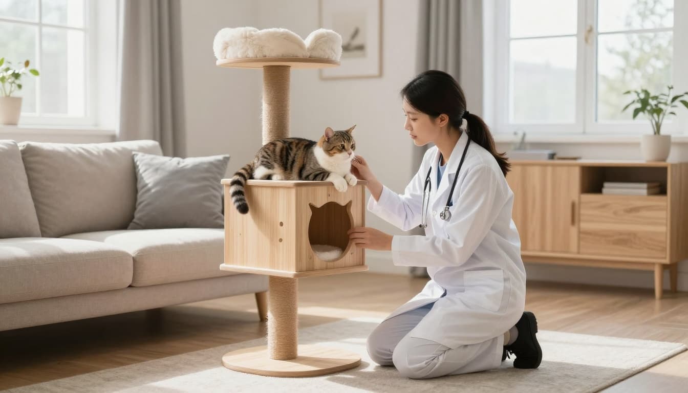 A veterinarian kneels beside a comfortable cat resting on a stylish wooden cat tree during a home visit in a modern Scandinavian living room, featuring bright natural light, minimalist decor with beige sofa and light wood furniture.