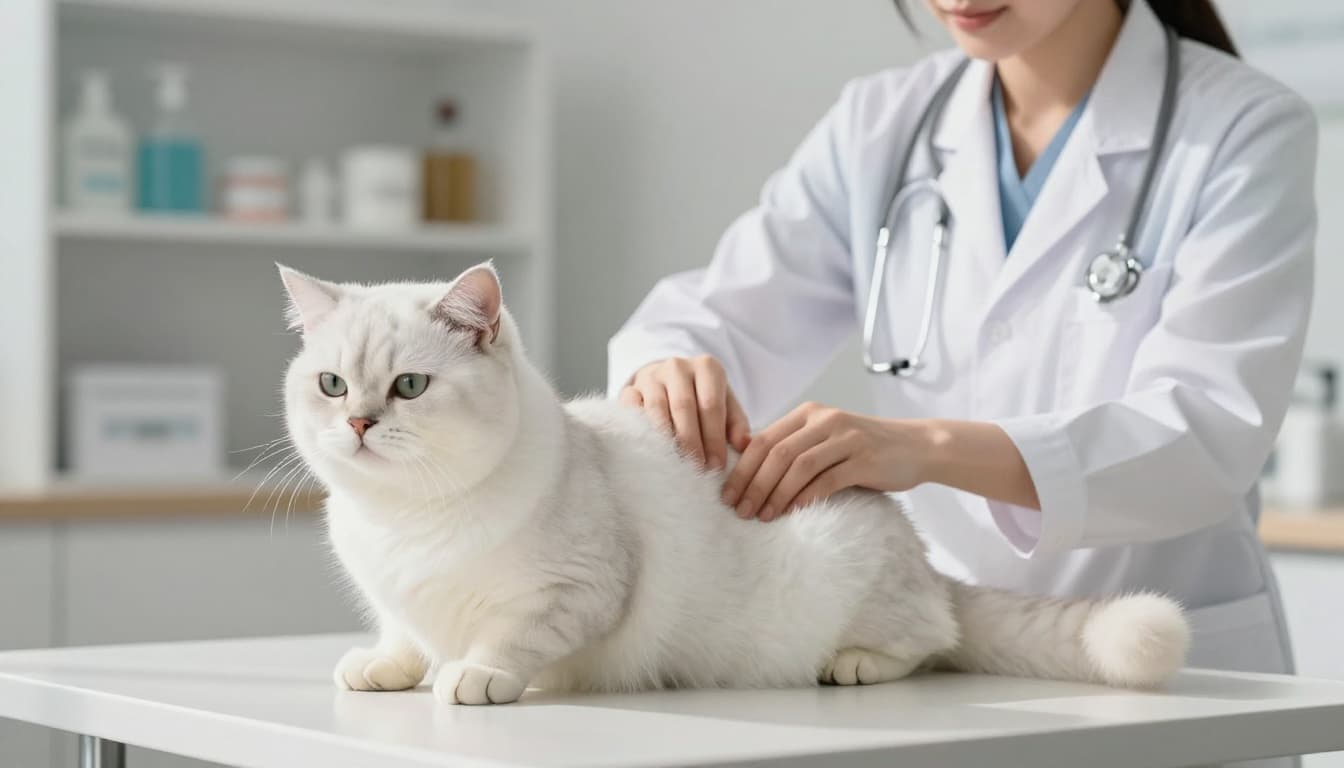 Close-up of a veterinarian in a white coat gently palpating the abdomen of a relaxed fluffy white cat on an exam table in a modern Scandinavian-style vet clinic with bright natural light.