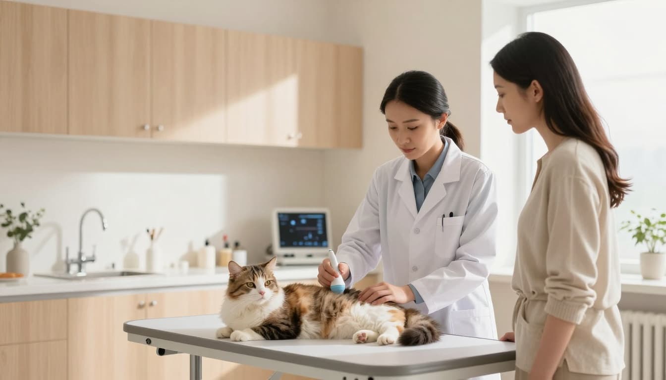 In a modern Scandinavian veterinary clinic with light wood cabinets and neutral walls, a calm veterinarian gently holds an ultrasound probe on the abdomen of a relaxed domestic cat on the exam table, with a concerned owner watching nearby.