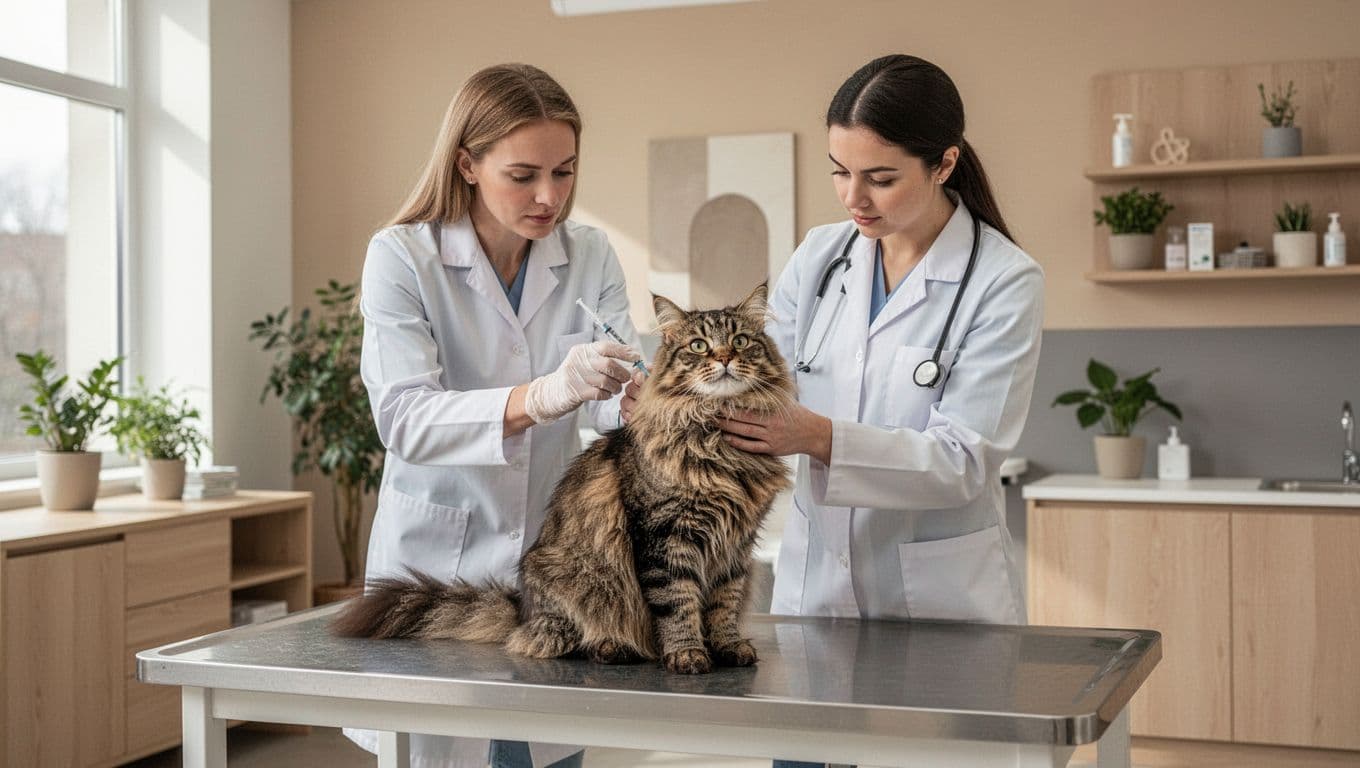 A professional veterinarian gently administers a vaccination to a single fluffy cat on an examination table in a bright, modern veterinary clinic with Scandinavian interior design.