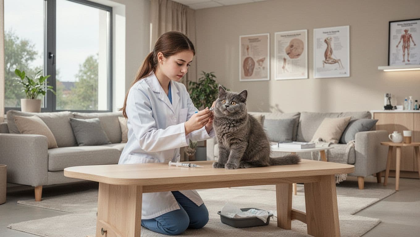 A kneeling young female veterinarian in white coat gently administers a vaccination to one fluffy grey kitten on a low light wood examination table in a bright modern Scandinavian-style veterinary clinic.