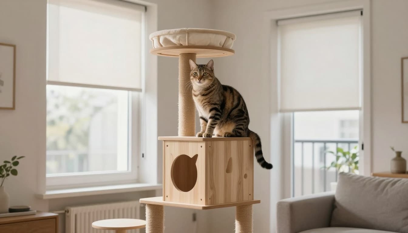 A vigilant adult cat perches safely on a premium light wood cat tree in a secure modern Scandinavian living room with all hazards eliminated.