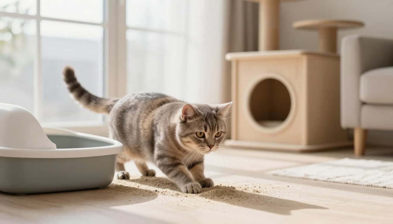 A vigilant European shorthair cat adopts a straining posture near a clean litter box filled with fine sand in a modern Scandinavian living room with bright morning light and minimalist decor.