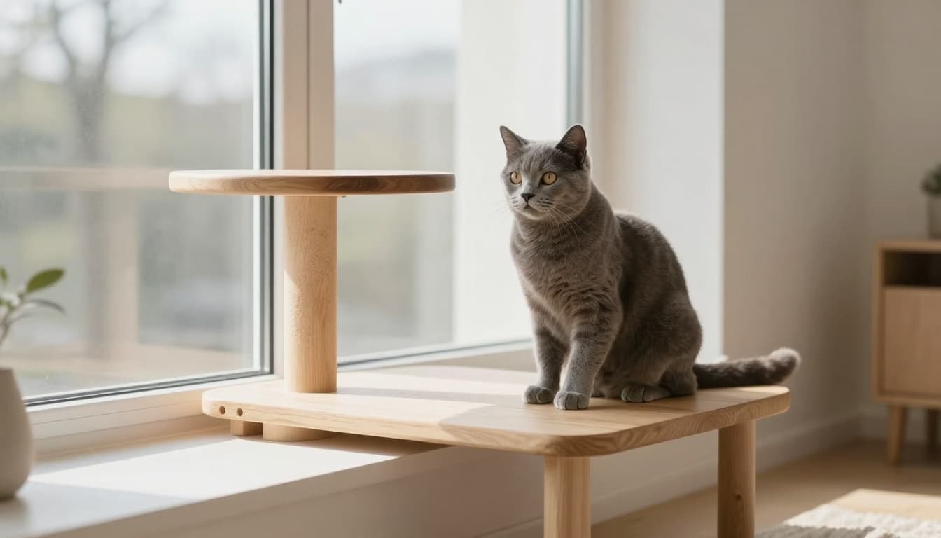 A young vigilant gray cat sits attentively on a windowsill in a modern Scandinavian living room bathed in bright natural morning light, with minimalist light wood furniture, soft beige tones, and a nearby premium natural wood cat tree.