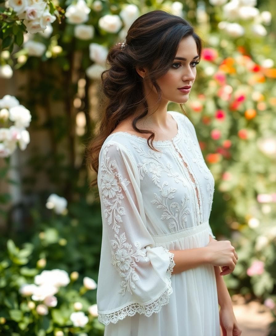 Mariée bohème style empire, dentelles et manches travaillées, dans un jardin fleuri au charme vintage.