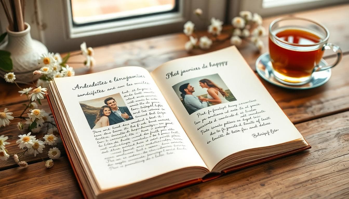 Mini livre d’histoires ouvert avec photos et notes manuscrites, ambiance romantique et matières naturelles