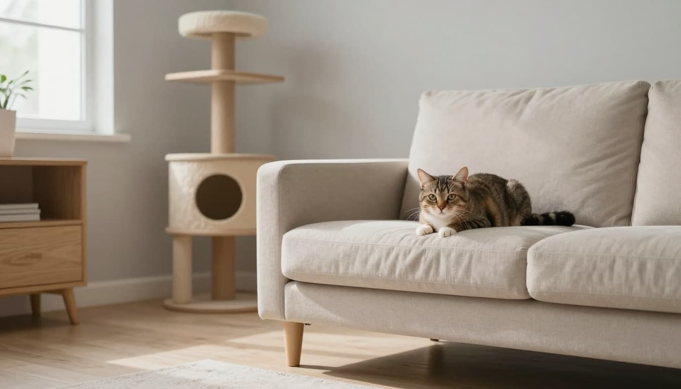 A single cat hides partially under a stylish beige sofa in a bright, minimalist Scandinavian interior, peeking out with wary eyes. The cozy room features light wood furniture, a premium cat tree, soft grey walls, and natural daylight.
