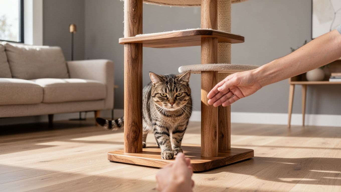 A domestic shorthair cat with a displeased, wary expression retreats from a partially obscured human hand attempting an unwanted cuddle at the base of a premium solid wood cat tree in a bright modern Scandinavian living room with minimalist decor.