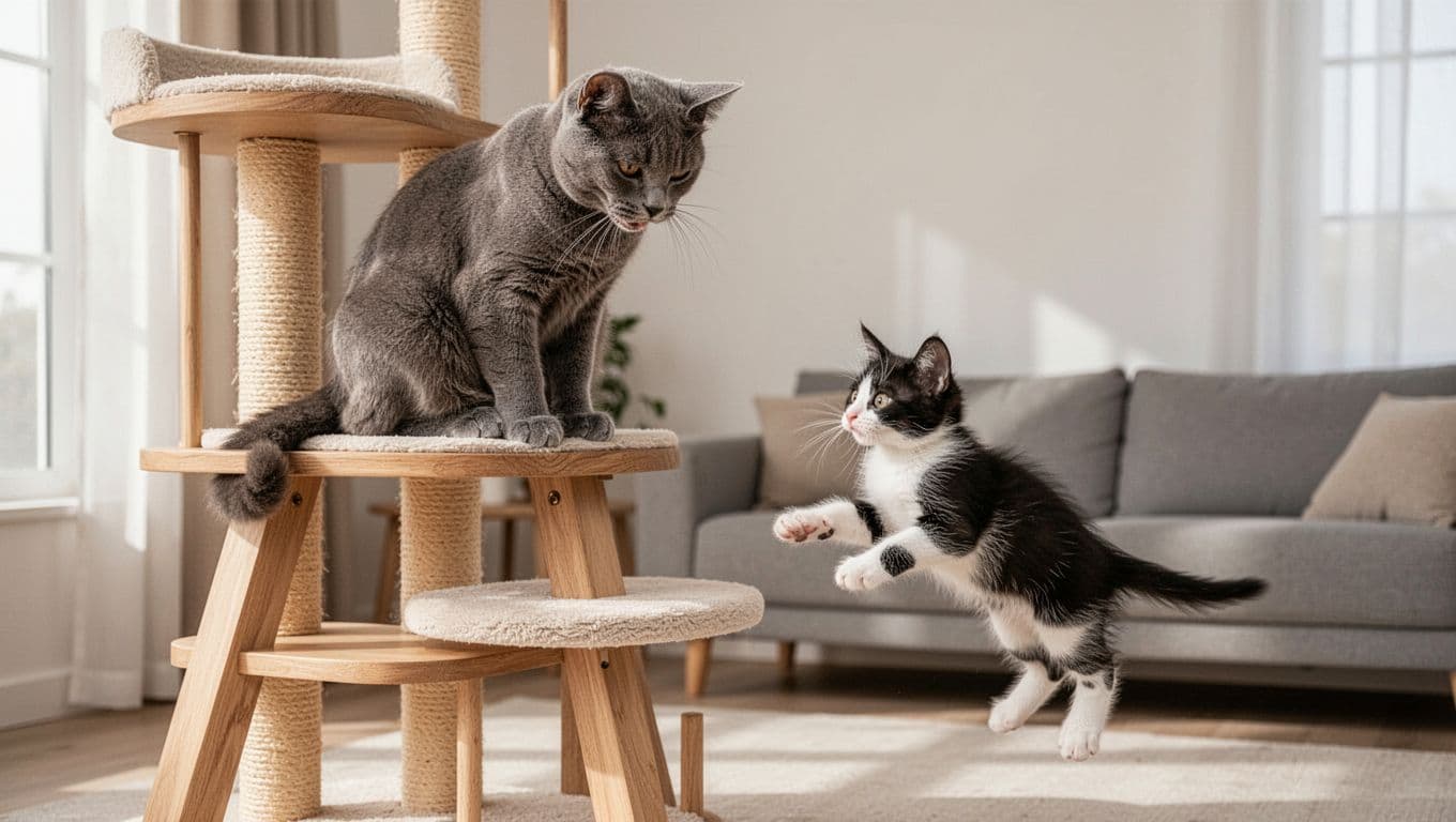 In a bright Scandinavian minimalist living room, an older grey cat sits high on a wooden cat tree with a cautious expression, looking down at an energetic black and white kitten jumping nearby. The scene evokes a calm, elegant mood with natural light and neutral tones.