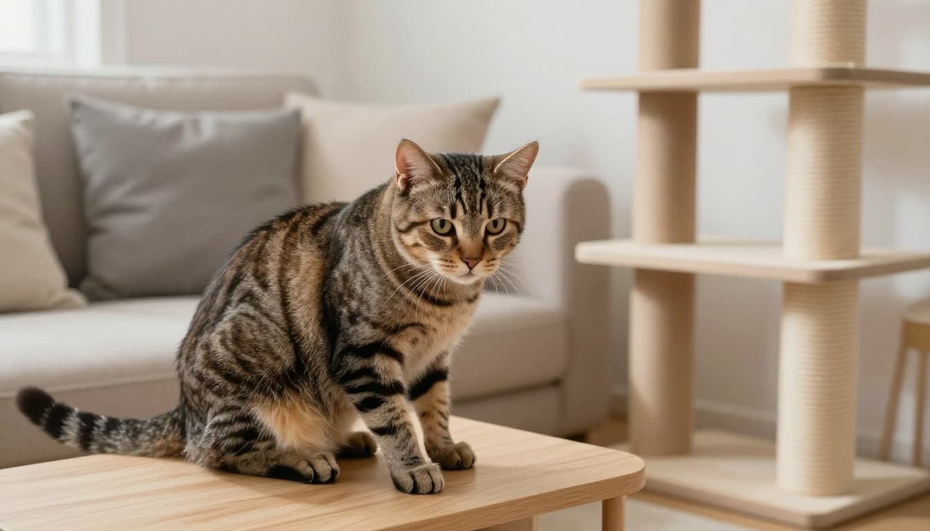 A tabby cat shows discomfort with ears back, tail flicking, and tense body as a human hand nears its belly on a light wood sofa in a bright minimalist Scandinavian living room.