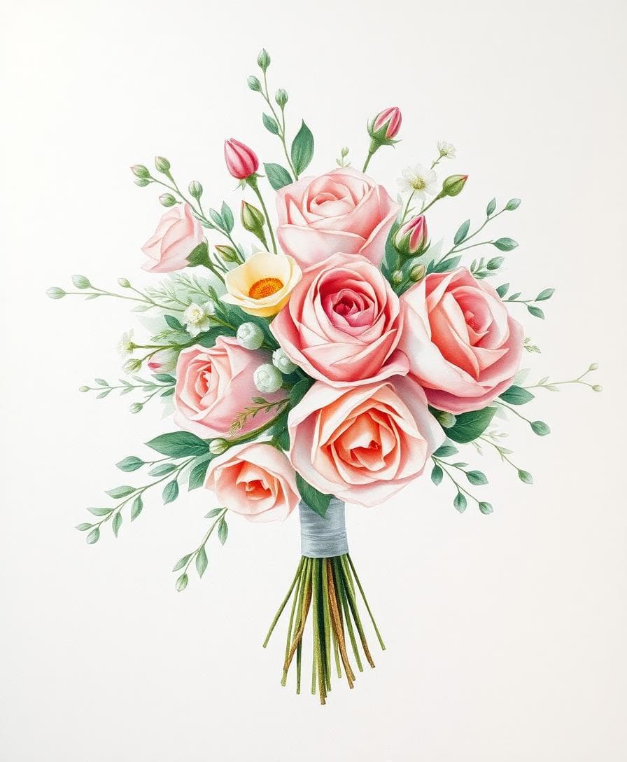 Aquarelle d’un bouquet bohème aux tons pastel, sur papier texturé, style doux et élégant