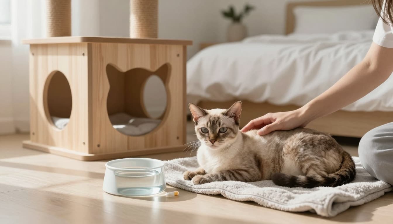 A weak anorexic cat with thin body and dull fur receives gentle palliative care at home, lying on a soft blanket near a fresh water bowl and medications in a bright minimalist Scandinavian bedroom.