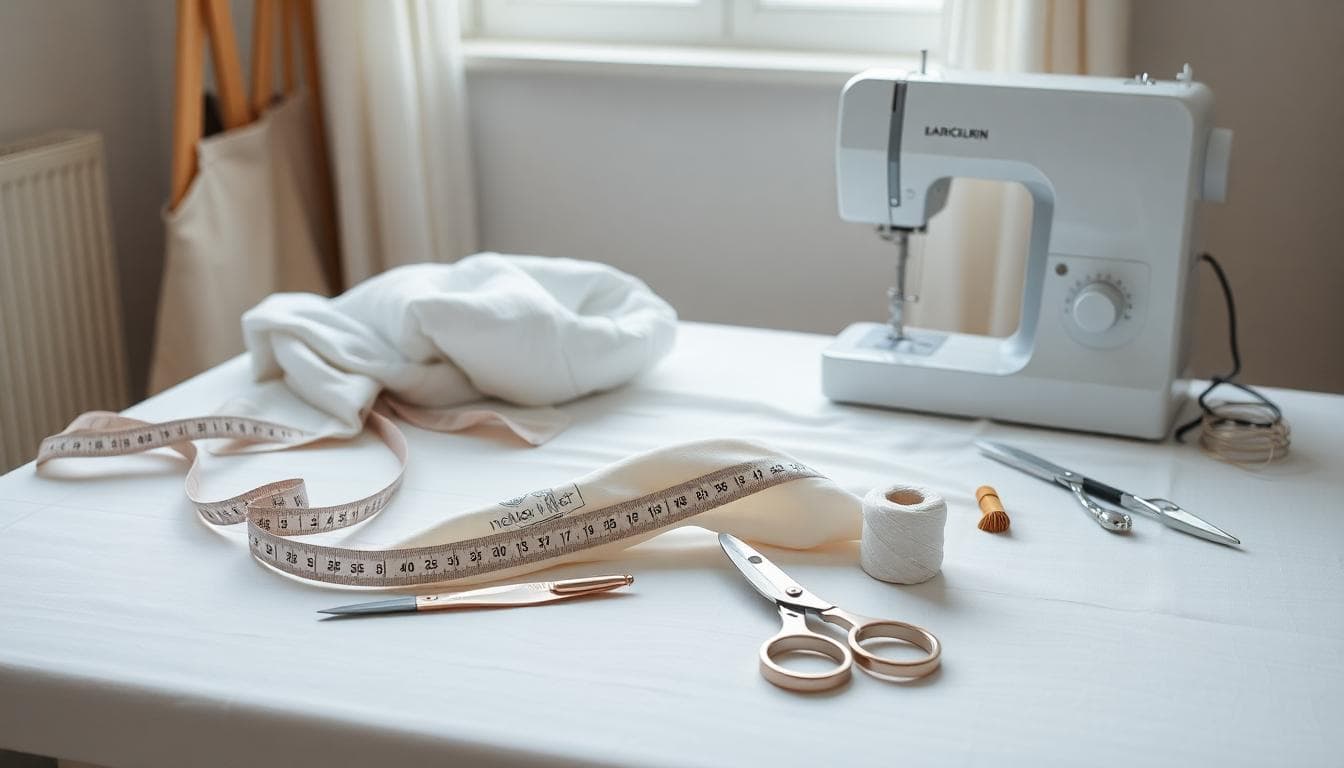 Kit couture complet disposé sur une table stable, avec mètre ruban, craie, ciseaux, épingles, bobines de fil, aiguille, fer à repasser et machine en arrière-plan