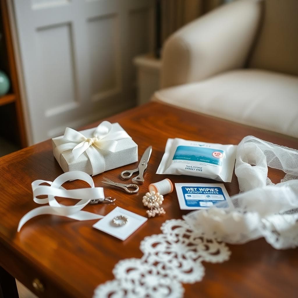 Trousse d’urgence de mariée avec épingles, rubans, ciseaux, fil transparent, broche, lingettes et pansements. Image created with AI