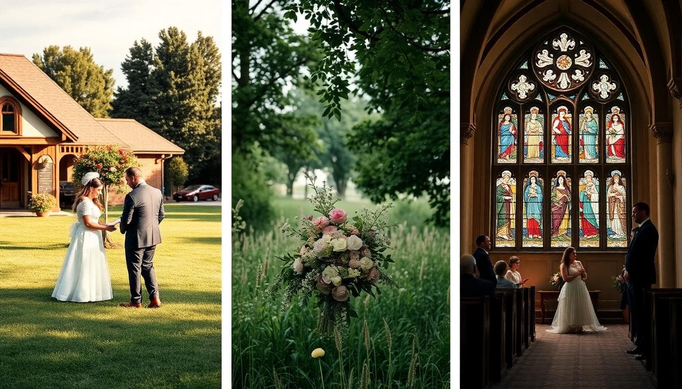 Une scène sereine en extérieur comparant différents types de mariages : à gauche, un mariage civil simple à la mairie avec un couple signant des papiers en tenue formelle ; au centre, un mariage laïque bohème dans un cadre naturel avec des fleurs et des amis proches ; à droite, un mariage religieux dans une église avec des vitraux et des vœux traditionnels. Utilise un style d'image divisée, éclairage doux, atmosphère romantique, en style réaliste avec des couleurs chaudes, sans texte, haut niveau de détail, ratio d'aspect paysage.