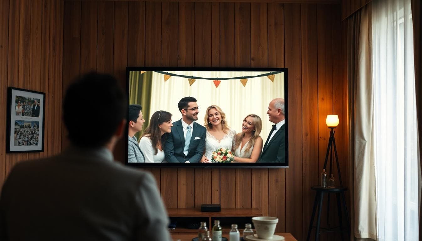Capsule vidéo de mariage projetée dans un intérieur cosy, avec QR code encadré à côté