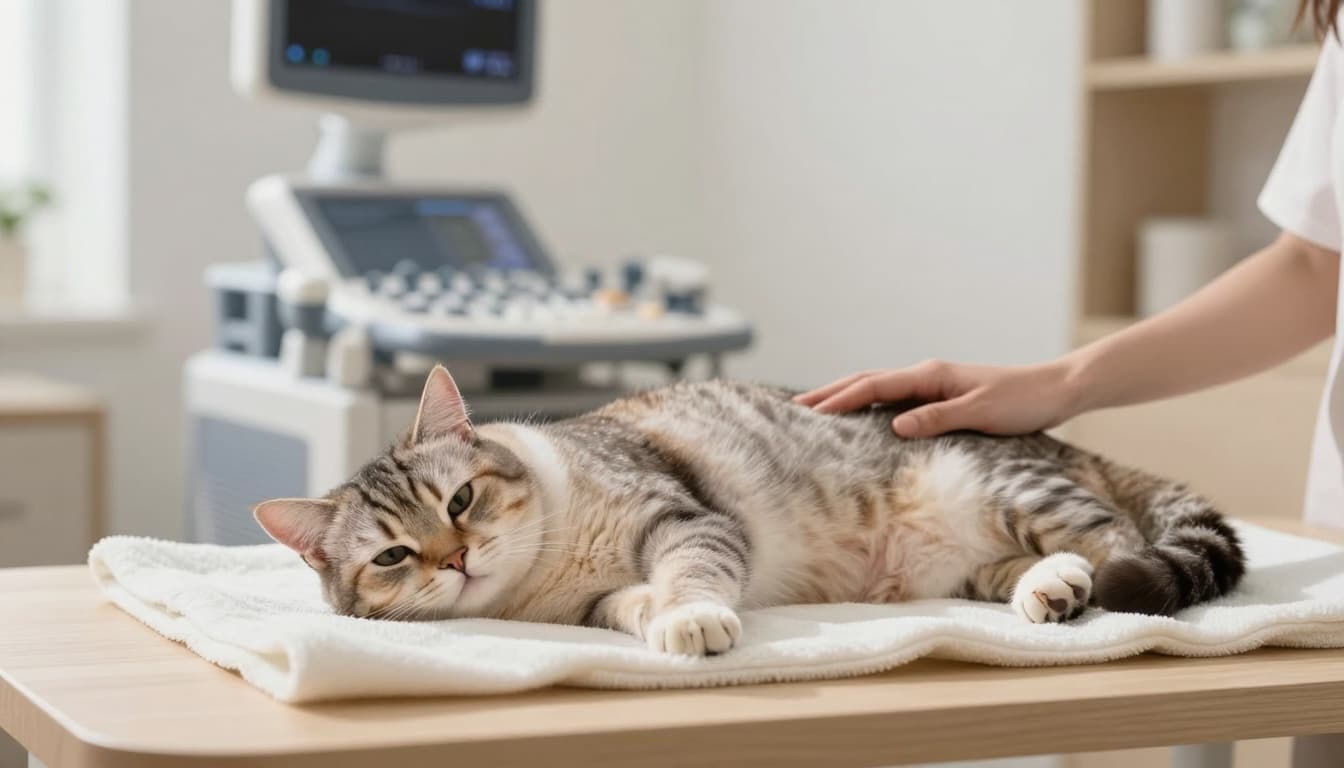 A calm pregnant cat at week 5 lies on a soft blanket in a bright minimalist Scandinavian veterinary room, with a blurred ultrasound machine in the background and an owner's hand gently nearby.