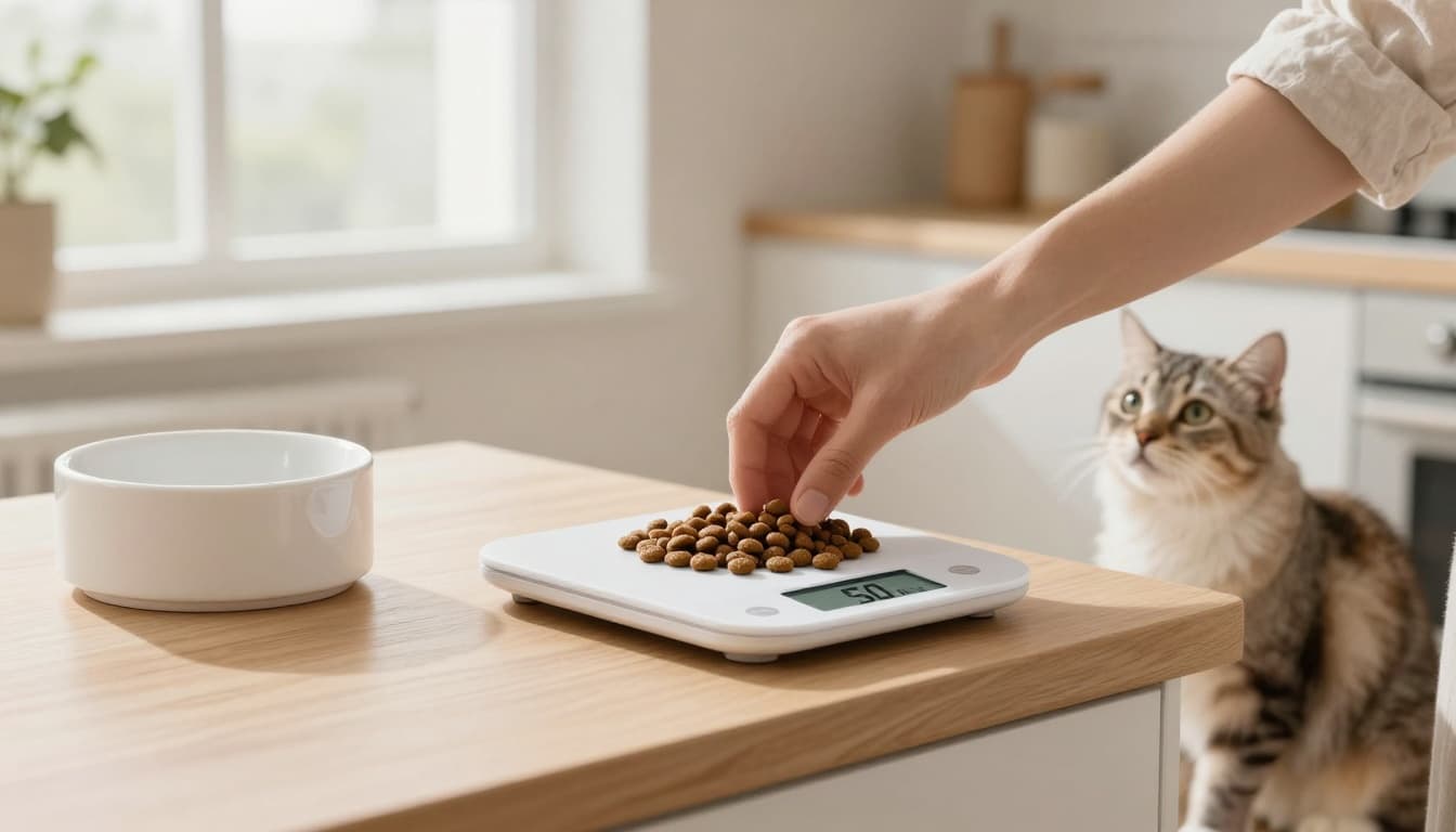 In a bright Scandinavian kitchen, a hand measures exactly 50 grams of brown dry cat kibble on a sleek digital scale next to an empty white ceramic cat bowl, with a fluffy cat waiting patiently.