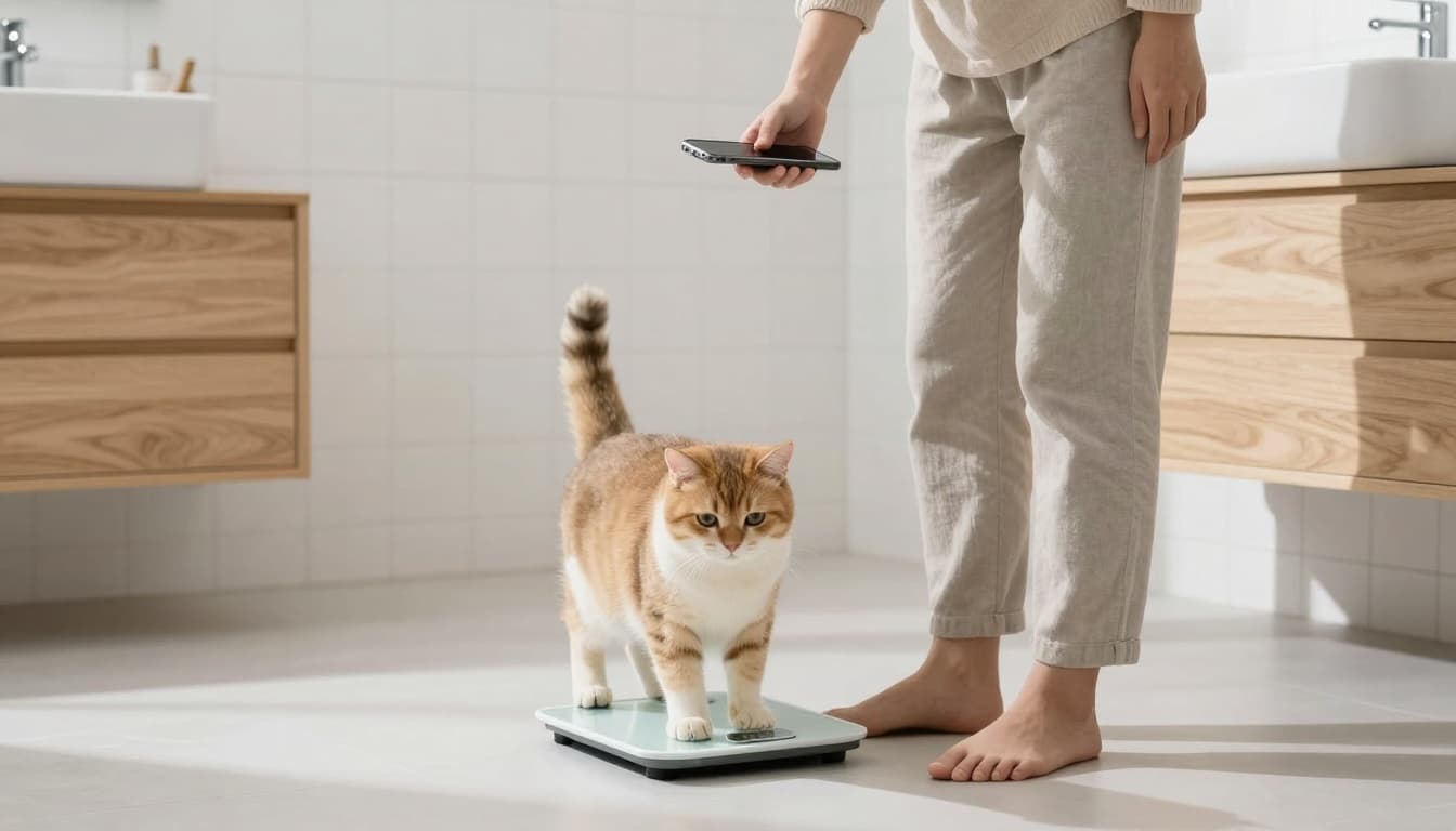 An owner carefully weighs their domestic cat on a bathroom scale in a bright Scandinavian bathroom with natural light and minimalist decor. The cat stands calmly while the owner notes the weight on a phone, creating a cozy and elegant atmosphere.