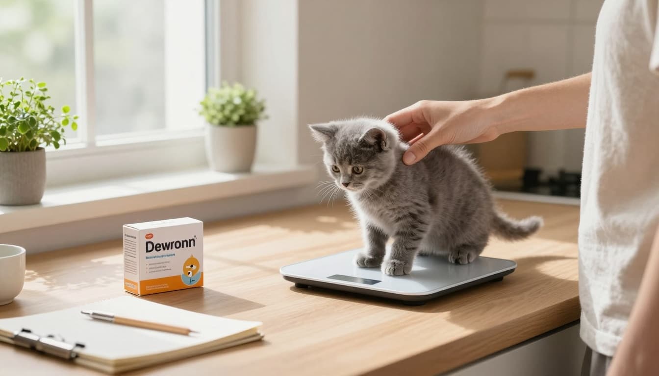 In a cozy modern Scandinavian kitchen with soft morning light, a caring person gently places a small fluffy grey kitten on a digital scale for accurate weighing, with dewormer tablets and notepad nearby.