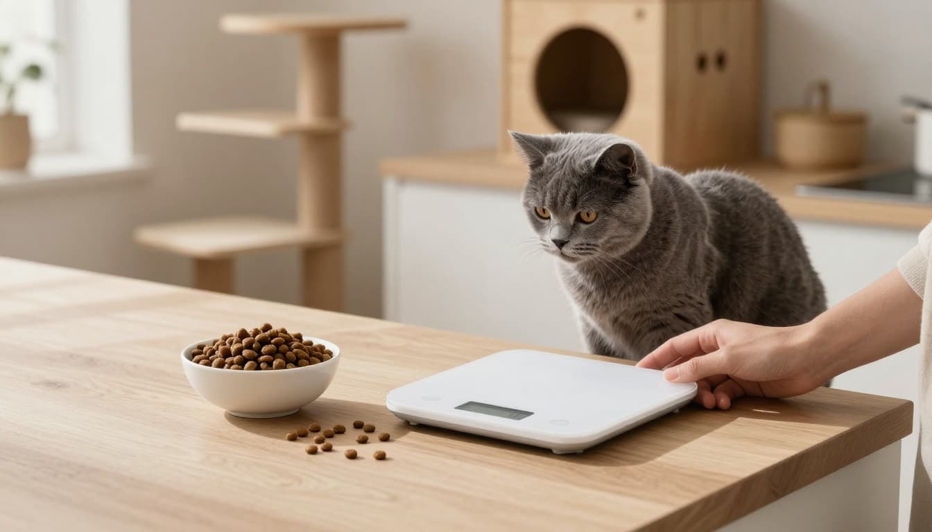 In a bright minimalist Scandinavian kitchen with warm natural light and light wood counters, a hand holds a digital scale weighing a calm adult gray cat in arms, next to a bowl of 60g dry kibble, with an integrated wooden Meowood cat tree in the background.