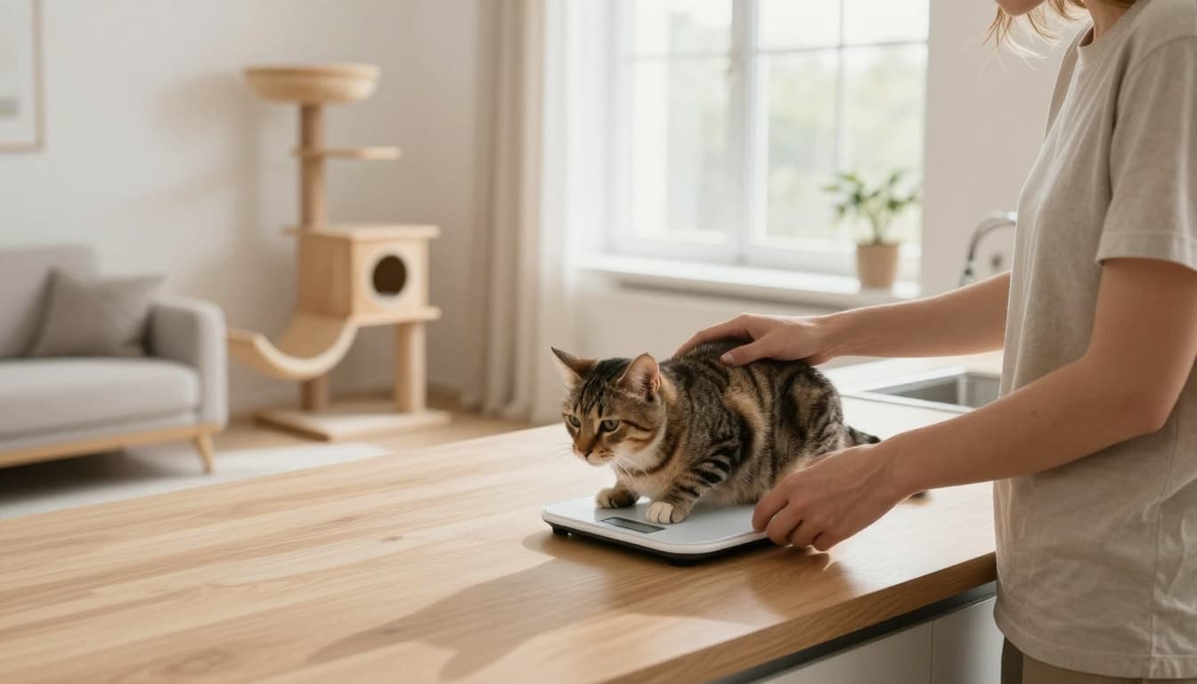 A caring owner gently weighs a relaxed tabby cat on a precise digital kitchen scale to determine flea treatment dosage in a bright Scandinavian kitchen with minimalist living room and cat tree.