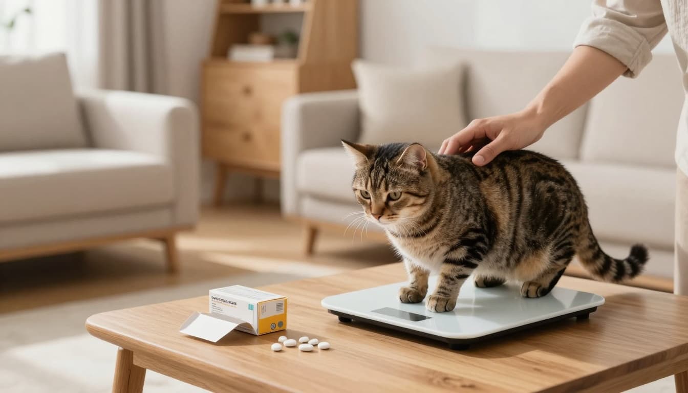 In a bright Scandinavian modern living room with minimalist decor, a person gently weighs a calm tabby cat on a kitchen scale, with pet medication nearby.