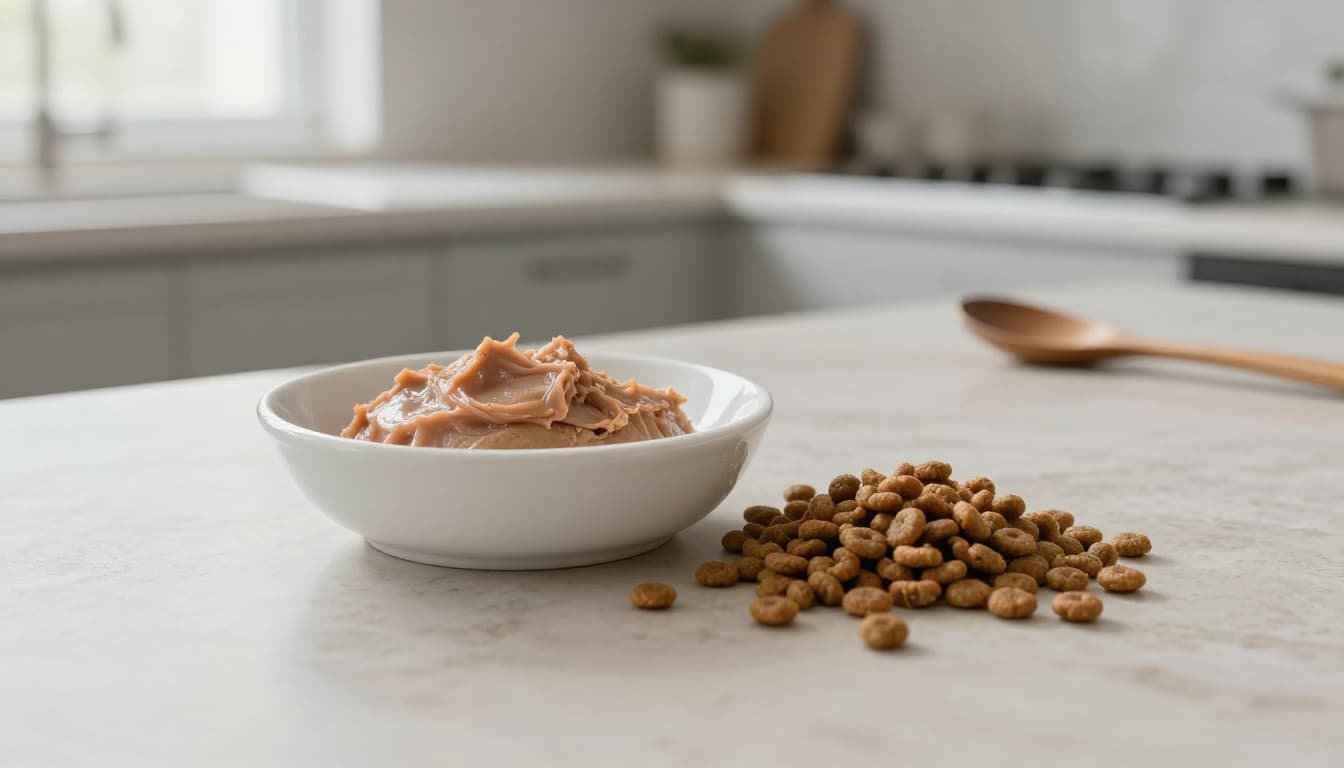 Small portions of wet cat pâté served in a white ceramic dish alongside tiny piles of special gastrointestinal kibble on a light beige marble countertop in a modern Scandinavian kitchen.