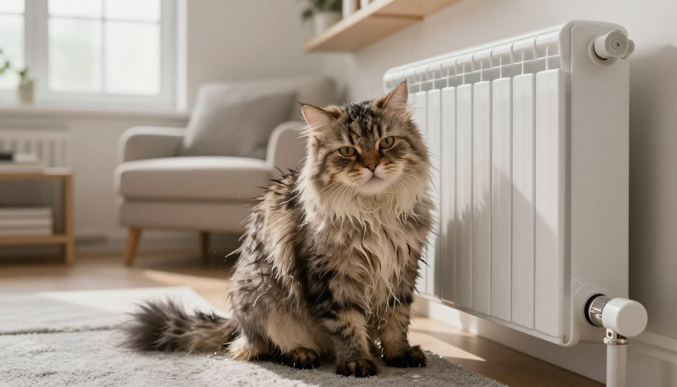 A wet fluffy Persian cat sits close to a modern white radiator in a cozy Scandinavian living room, shaking water from its drenched fur amid minimalist decor.